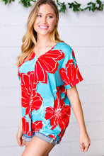Load image into Gallery viewer, Teal & Cherry Red Floral Print V Neck Top
