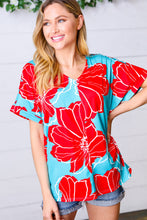 Load image into Gallery viewer, Teal & Cherry Red Floral Print V Neck Top