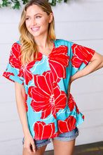Load image into Gallery viewer, Teal & Cherry Red Floral Print V Neck Top