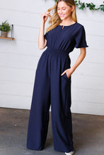 Load image into Gallery viewer, Dark Blue Smocked Waist Notch Neck Crepe Jumpsuit