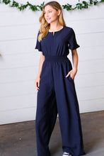 Load image into Gallery viewer, Dark Blue Smocked Waist Notch Neck Crepe Jumpsuit
