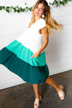 Load image into Gallery viewer, Seafoam & Emerald Tiered Frill Sleeve Midi Dress