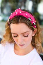 Load image into Gallery viewer, Fuchsia Stone & Gem Football Embellished Top Knot Headband