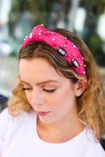 Load image into Gallery viewer, Fuchsia Stone & Gem Football Embellished Top Knot Headband