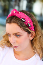 Load image into Gallery viewer, Fuchsia Stone & Gem Football Embellished Top Knot Headband