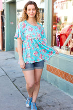 Load image into Gallery viewer, Sky Blue Three-Quarter Sleeve Floral Peplum Babydoll Top