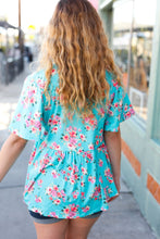 Load image into Gallery viewer, Sky Blue Three-Quarter Sleeve Floral Peplum Babydoll Top