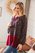 Load image into Gallery viewer, Wine Ditzy Floral Front Tie Ruffle Hem Top