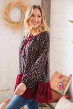 Load image into Gallery viewer, Wine Ditzy Floral Front Tie Ruffle Hem Top