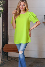 Load image into Gallery viewer, Neon Green Round Neck Puff Sleeve Crepe Top