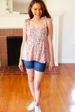 Load image into Gallery viewer, Summer Days Ivory & Fuchsia Floral Smocked Shoulder Tie Top