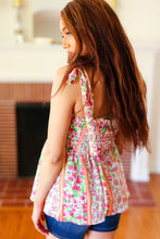 Load image into Gallery viewer, Summer Days Ivory & Fuchsia Floral Smocked Shoulder Tie Top