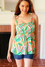 Load image into Gallery viewer, Sunny Days Orange & Green Geo Smocked Shoulder Tie Top