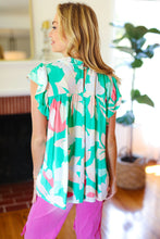 Load image into Gallery viewer, Feeling Joyful Aqua Floral Mock Neck Flutter Sleeve Top