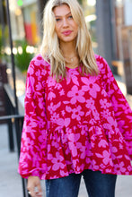 Load image into Gallery viewer, Red & Magenta Floral V Neck Woven Babydoll Top