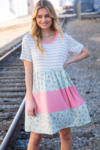 Load image into Gallery viewer, Floral and Stripe Color Block Fit and Flare Rib Dress