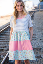 Load image into Gallery viewer, Floral and Stripe Color Block Fit and Flare Rib Dress