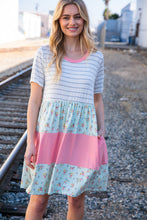 Load image into Gallery viewer, Floral and Stripe Color Block Fit and Flare Rib Dress