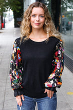 Load image into Gallery viewer, Diva Dreams Black Floral Sequin Mesh Sleeve Rib Knit Top