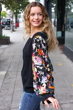 Load image into Gallery viewer, Diva Dreams Black Floral Sequin Mesh Sleeve Rib Knit Top