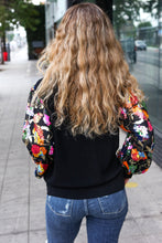 Load image into Gallery viewer, Diva Dreams Black Floral Sequin Mesh Sleeve Rib Knit Top