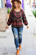 Load image into Gallery viewer, Take The Leap Black & Mauve Border Print Boho Tie Top