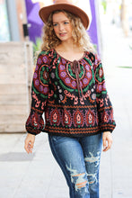 Load image into Gallery viewer, Take The Leap Black & Mauve Border Print Boho Tie Top