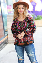 Load image into Gallery viewer, Take The Leap Black & Mauve Border Print Boho Tie Top