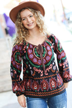 Load image into Gallery viewer, Take The Leap Black & Mauve Border Print Boho Tie Top
