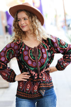 Load image into Gallery viewer, Take The Leap Black & Mauve Border Print Boho Tie Top