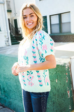 Load image into Gallery viewer, All For Love Mint Jacquard Floral Bubble Sleeve Sweater Top