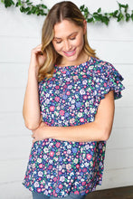Load image into Gallery viewer, Navy Floral Mock Neck Flutter Sleeve Top