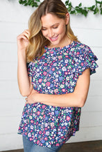 Load image into Gallery viewer, Navy Floral Mock Neck Flutter Sleeve Top
