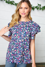 Load image into Gallery viewer, Navy Floral Mock Neck Flutter Sleeve Top