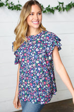 Load image into Gallery viewer, Navy Floral Mock Neck Flutter Sleeve Top