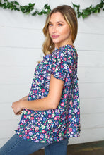 Load image into Gallery viewer, Navy Floral Mock Neck Flutter Sleeve Top