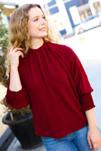 Load image into Gallery viewer, Bold Dreams Wine Smocked Three Quarter Sleeve Tie Back Top