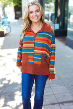 Load image into Gallery viewer, Casual Living Rust & Teal Striped Two Tone Knit Pocketed Top