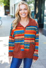 Load image into Gallery viewer, Casual Living Rust & Teal Striped Two Tone Knit Pocketed Top
