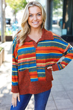 Load image into Gallery viewer, Casual Living Rust & Teal Striped Two Tone Knit Pocketed Top