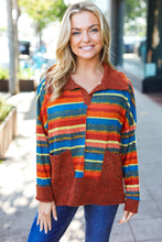 Load image into Gallery viewer, Casual Living Rust & Teal Striped Two Tone Knit Pocketed Top