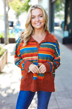 Load image into Gallery viewer, Casual Living Rust & Teal Striped Two Tone Knit Pocketed Top