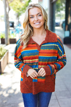 Load image into Gallery viewer, Casual Living Rust & Teal Striped Two Tone Knit Pocketed Top