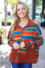 Load image into Gallery viewer, Casual Living Rust & Teal Striped Two Tone Knit Pocketed Top