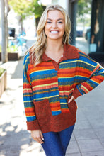 Load image into Gallery viewer, Casual Living Rust & Teal Striped Two Tone Knit Pocketed Top
