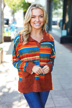Load image into Gallery viewer, Casual Living Rust & Teal Striped Two Tone Knit Pocketed Top