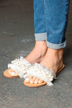 Load image into Gallery viewer, Ivory Linen Fray Beaded Faux Pearl Slide Sandal