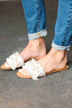 Load image into Gallery viewer, Ivory Linen Fray Beaded Faux Pearl Slide Sandal