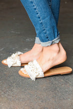 Load image into Gallery viewer, Ivory Linen Fray Beaded Faux Pearl Slide Sandal
