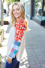 Load image into Gallery viewer, Feeling Femme Oatmeal Plaid Floral Color Block Notch Neck Top